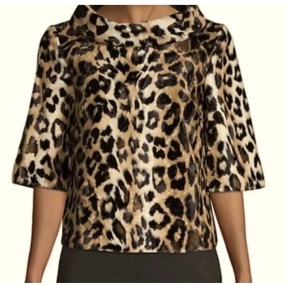 Trina Turk Leopard Print Funnel Neck Faux Fur Top Elbow Sleeve Tan Black S